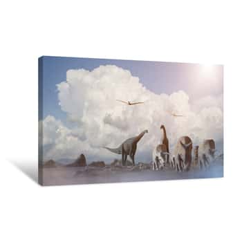 Image of Different Dinosaurs On Prehistoric Background Of Nature, 3d Render Canvas Print