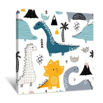 Image of Childish Seamless Pattern With Hand Drawn Dino In Scandinavian Style  Creative Vector Childish Background For Fabric, Textile Canvas Print