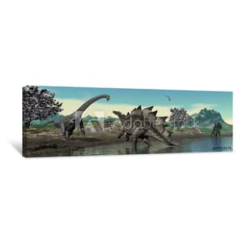 Image of Dinosaur Scenery With Brachiosaurus And Stegosaurus By Day - 3D Render Canvas Print