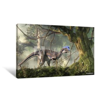 Image of Dilophosaurus Was A Theropod Dinosaur Of The Early Jurassic Period In North America  A Predator, It\'s Named For The Two Crests On Its Head  Depicted In A Jungle  3D Rendering Canvas Print