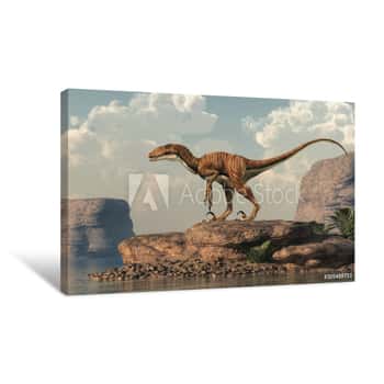 Image of Deinonychus Is A Theropod Dinosaur, A Cousin Of Velociraptor, That Lived During The Cretaceous  Here Depicted With No Feathers Bay An Arid Lake  3D Rendering Canvas Print