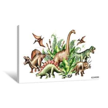 Image of Group Of Dinosaurs With Prehistoric Plants  Watercolor Hand Drawn Illustration Isolated On White Background Canvas Print