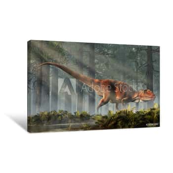 Image of Giganotosaurus, One Of The Largest Known Terrestrial Carnivores, Was A Carcharodontosaurid Theropod Dinosaur  The Creature Stands In A Forest Of Fir Trees With A Floor Of Ferns  3D Rendering Canvas Print