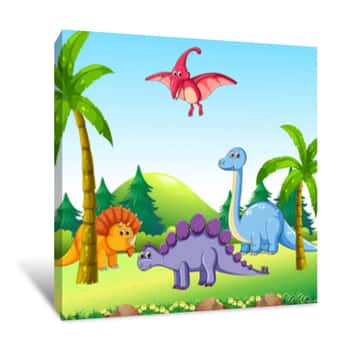 Image of Different Dinosaur In Nature Canvas Print