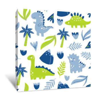 Image of Vector Seamless Pattern With Cute Dinosaur Character  Hand Drawn With Palm Tree, Leaves, Flowers And Mountain  Cartoon Design In Childish Doodle Style For Textile, Concept, Books Canvas Print