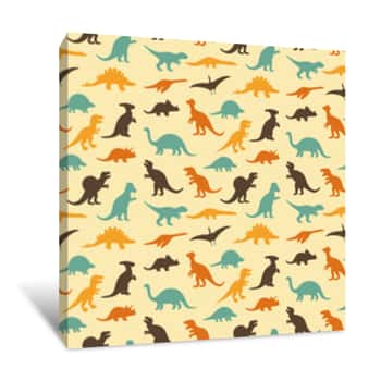 Image of Vector Set Silhouettes Of Dinosaur, Retro Pattern Background Canvas Print
