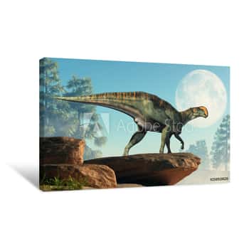 Image of An Altirhinus On Rocks In Front Of The Moon   Altirhinus (high Snout) Was A Type Of Iguanodon Dinosaur Of The Early Cretaceous Period In Mongolia  3D Rendering Canvas Print