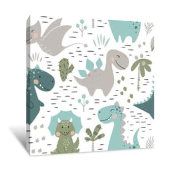 Image of Dinosaur Baby Boy Seamless Pattern  Sweet Dino With Palm And Cactus Canvas Print