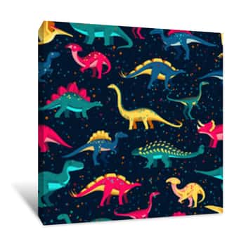 Image of Colorful Cute Dinosaurs On Black Background  Vector Seamless Pattern  Fun Textile Cartoon Kids Print Design Canvas Print