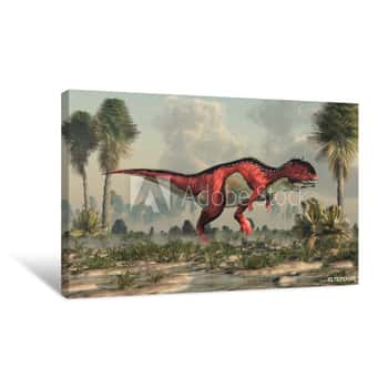 Image of A Red And White Rajasaurus With Black Stripes In A Prehistoric Swamp  Rajasaurus Was An Abelisaurid Theropod Dinosaur Of The Late Cretaceous In India  3D Rendering Canvas Print