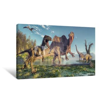 Image of Spinosaurus And Deinonychus Canvas Print