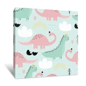 Image of Seamless Pattern With Dinosaurs On Colored Background  Vector Illustration For Printing On Fabric, Postcard, Wrapping Paper, Gift Products, Wallpaper, Clothing  Cute Baby Background Canvas Print