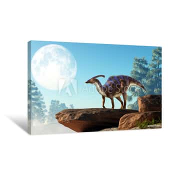 Image of A Parasaurolophus, A Type Of Herbivorous Ornithopod Dinosaur Of The Hadrosaur Family Stands On A Rock Under A Full Moon That Is Out In The Sky On A Cretaceous Era Afternoon  3D Rendering Canvas Print