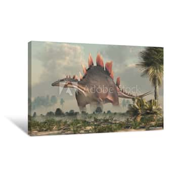 Image of Stegosaurus, Was A Thyreophoran Dinosaur  An Herbivore, It Is One Of The Best Known Dinosaurs Of The Jurassic Period  Here, A Grey And Brown One Is Standing In A Jurassic Era Wetland  3D Rendering Canvas Print