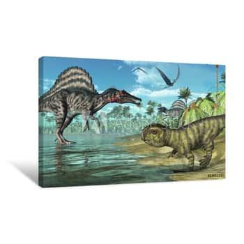 Image of Prehistoric Scene With Spinosaurus And Psittacosaurus Dinosaurs Canvas Print