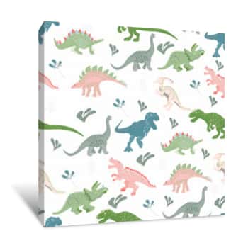 Image of Blue, Pink And Green Dinosaurs Seamless  Pattern Canvas Print