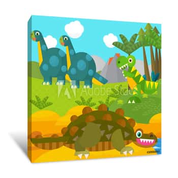 Image of Cartoon Happy Dinosaur Near Some River And Volcano - Illustration For Children Canvas Print