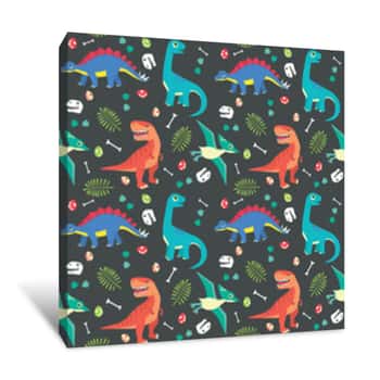 Image of Baby Dinosaur Seamless Pattern Colorful Vector Illustration Dark Background Canvas Print