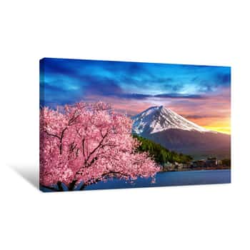 Image of Fuji Mountain And Cherry Blossoms In Spring, Japan Canvas Print