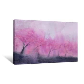 Image of Watercolor Landscape Pink Trees Cherry Blossom Or Sakura Leaf Falling To The Wind In Mountain Hill With Meadow Field  Traditional Oriental Ink Asia Art Style Hand Drawn On Paper Canvas Print
