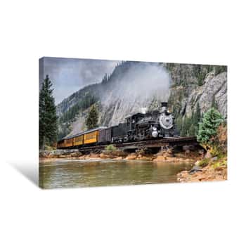 Image of Steam Train Crossing A Trestle Bridge In The Mountains Canvas Print