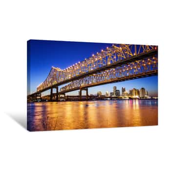 Image of New Orleans City Skyline & Crescent City Connection Bridge At Night Canvas Print
