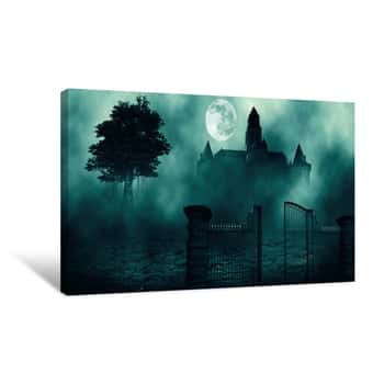 Image of Horror Halloween Haunted House In Creepy Night Forest Canvas Print