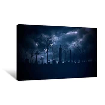 Image of Mystical Halloween Background With Dark Clouds And Grave On Cemetery Canvas Print