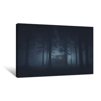 Image of Scary House In Mysterious Horror Forest At Night Canvas Print