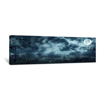 Image of Zombie Rising Out Of A Graveyard Cemetery In Spooky Scary Dark Night Full Moon Bats On Tree  Holiday Event Halloween Banner Background Concept Canvas Print