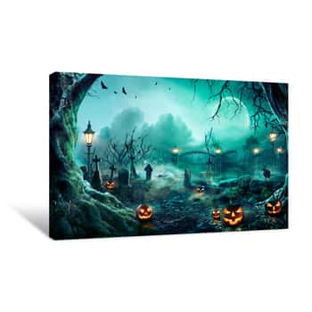 Image of Jack O\' Lanterns In Graveyard In The Spooky Night - Halloween Backdrop Canvas Print