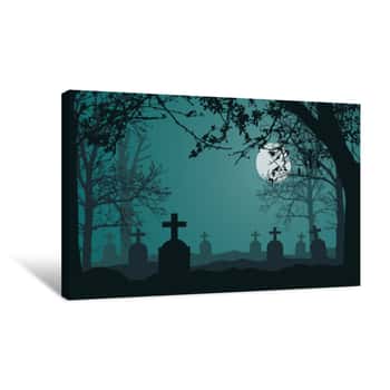 Image of Realistic Illustration Of Spooky Landscape And Forest With Dead And Dry Trees, Cemetery With Tombstones And Full Moon On Night Green Sky  Suitable As A Card For Halloween, Vector Canvas Print