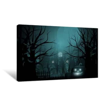 Image of Happy Halloween Background And Scary Tree Pumpkin On Graveyard Full Moon Dark Night And Tombstone Black Bat  Church On Graveyard  Vector Illumination Canvas Print