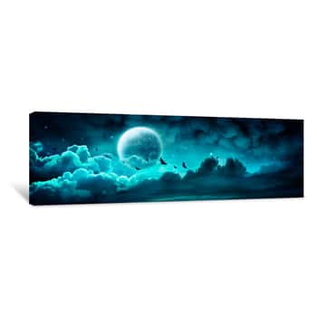 Image of Halloween Night - Spooky Moon In Cloudy Sky With Bats Canvas Print