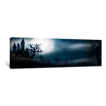 Image of Night Cemetery, Crosses, Tombstones And Graves Horizontal Banner  Colorful Scary Halloween Illustration  Vector Canvas Print