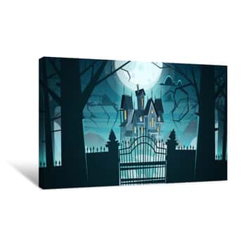 Image of Gothic Castle Behind Gates In Moonlight Scary Building With Ghosts Halloween Holiday Concept Flat Vector Illustration Canvas Print