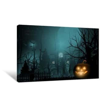 Image of Dark Cute Halloween Pumpkins And Big Moon  Vector Illustration Canvas Print