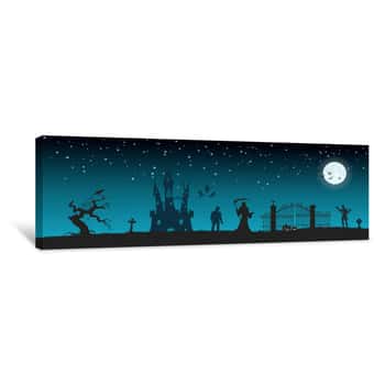 Image of Halloween Banner With Fantasy Silhouettes  Landscape Of Cemetary With Mummy, Death And Frankenstein  Holiday Scene Of October Party Canvas Print