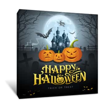 Image of Happy Halloween Gold Message, Pumpkin Bat, Witch, Castle, Design Background, Vector Illustrations Canvas Print