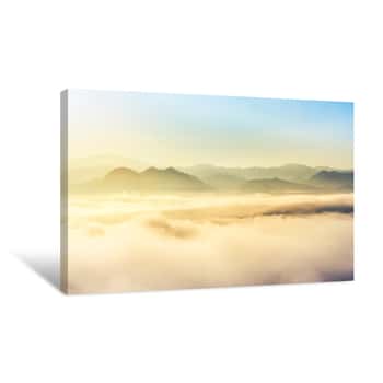 Image of Landscape View Of Sunrise With Fog In Early Morning On The Top Of The Hill At Yun Lai Viewpoint, Pai, Mae Hong Son Thailand Canvas Print