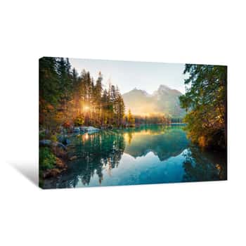 Image of Amazing Autumn Sunrise Of Hintersee Lake  Picturesque Morning View Of Bavarian Alps On The Austrian Border, Germany, Europe  Beauty Of Nature Concept Background Canvas Print