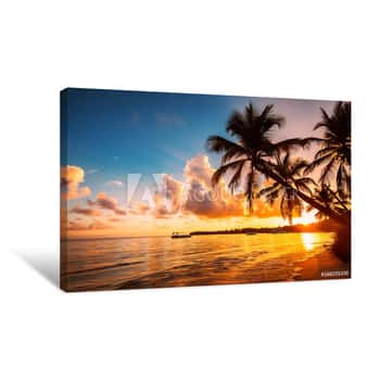 Image of Palmtree Silhouettes On The Tropical Beach, Punta Cana, Dominican Republic Canvas Print