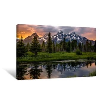 Image of Sunset Reflections On The Grand Teton Range From Schwabacher Landing Canvas Print