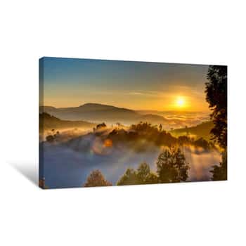 Image of Uganda Sunrise With Trees, Hills, Shadows And Morning Fog Canvas Print