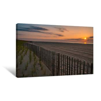Image of Beautiful Sunrise Over Lavallette Beach, New Jersey Featuring Sand On The Foreground And Sunny Sky On The Background Canvas Print