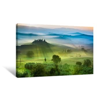 Image of Beautiful View Of Green Fields And Meadows At Sunset In Tuscany Canvas Print