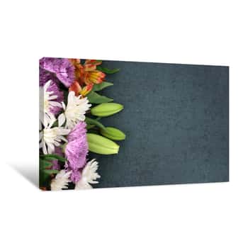 Image of Beautiful Colorful Spring Flowers Bouquet Over Blackboard Texture Dark Background With Copy Space, Horizontal Canvas Print