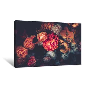 Image of Muted Tone Flowers on Dark Background In Vintage Style Canvas Print