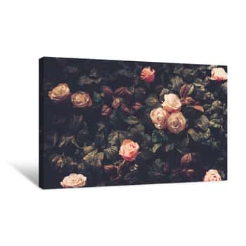 Image of Artificial Flowers Wall On Dark Background In Vintage Style Canvas Print