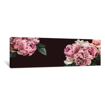 Image of Floral Banner, Flower Cover Or Header With Vintage Bouquets  Pink Peonies, White Roses Isolated On Black Background Canvas Print